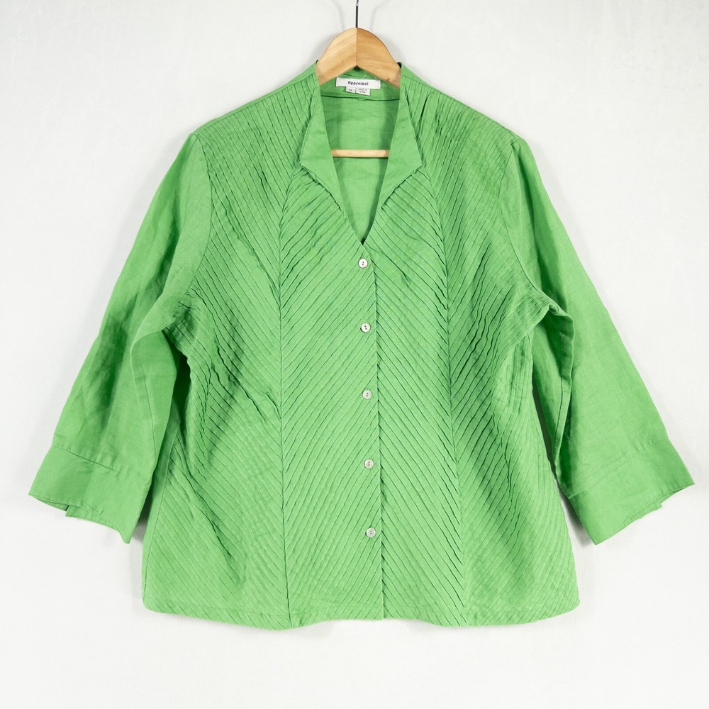 Appraisal Shirt Womens Sz XL Green Ramie Button Up 3/4 Sleeve Pintuck Design